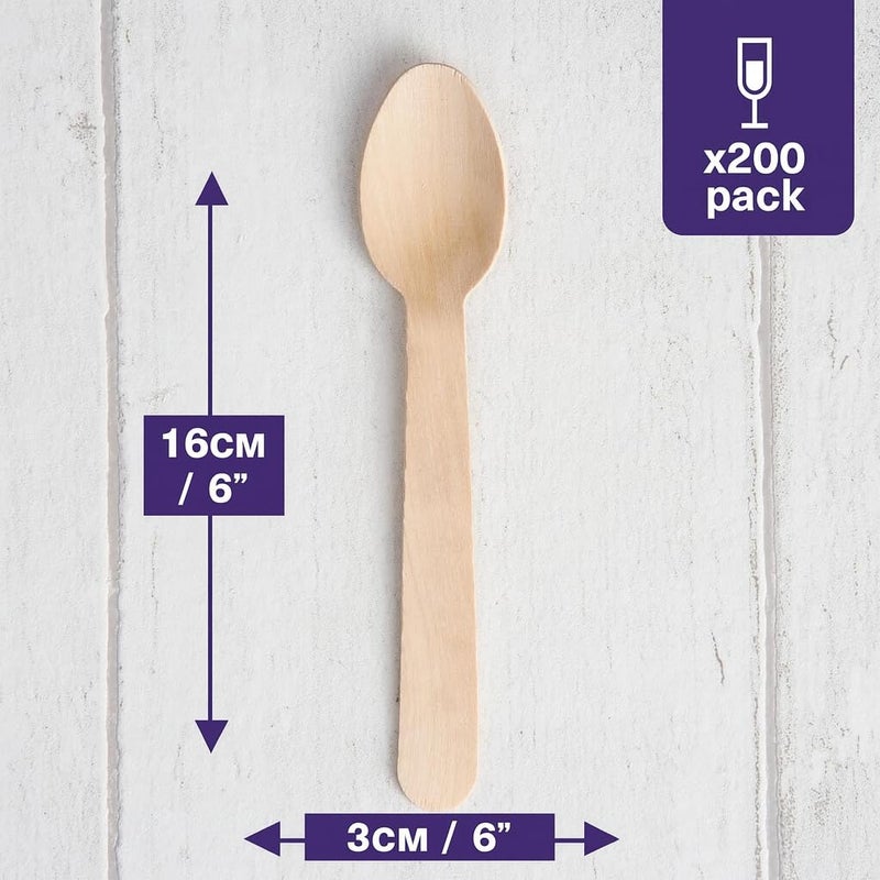 MATANA - 100% Natural Disposable Bamboo Wooden Spoons 6.3" Inch (200 Pack) - Compostable Cutlery, Biodegradable Utensils for Garden Parties & Summer Events - Image 2